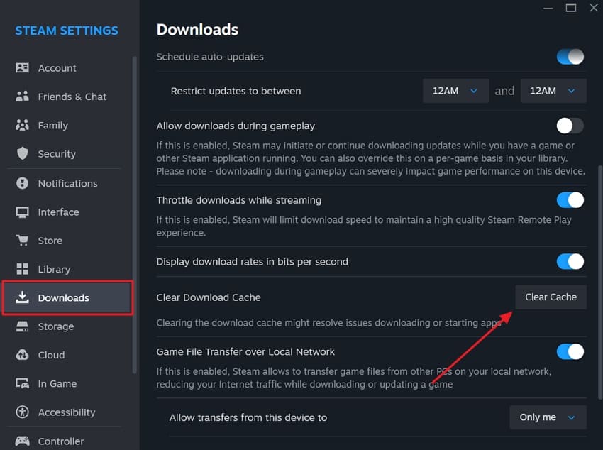 clear steam cache downloads section