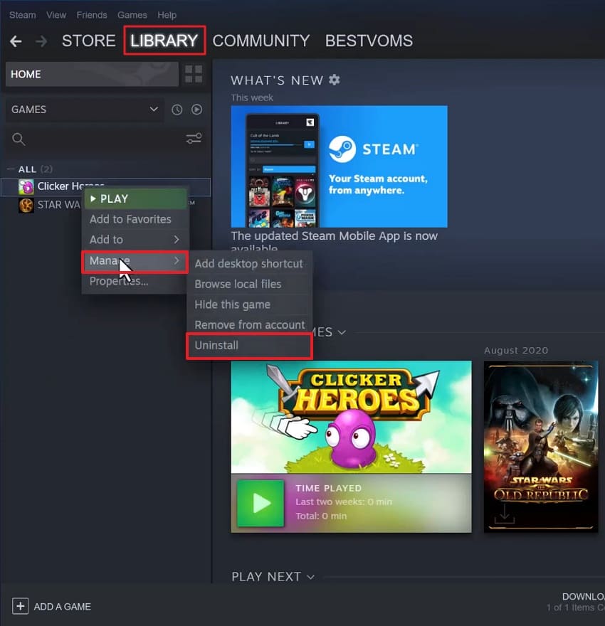 uninstall game in steam