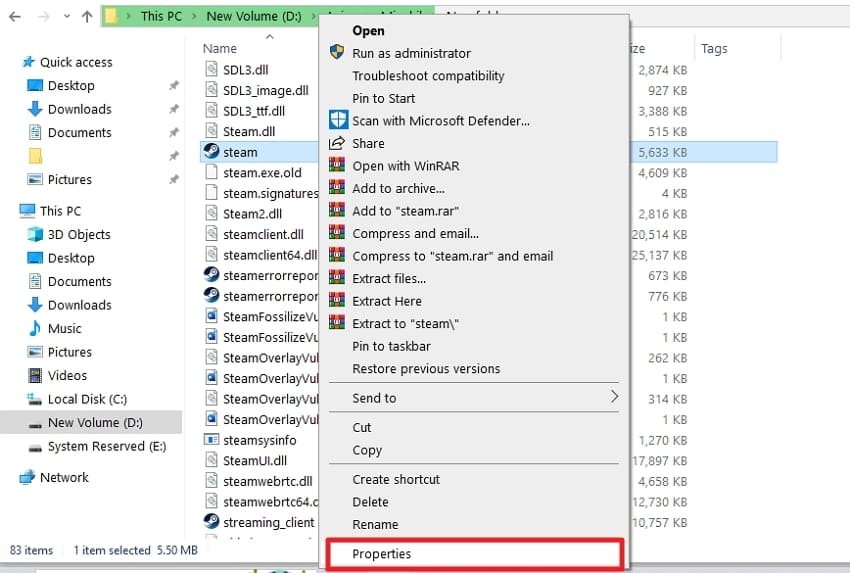 open file explorer steam check properties