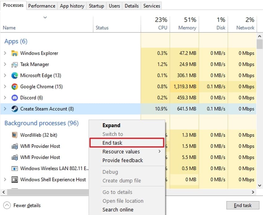 open task manager end steam process