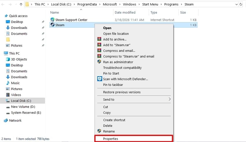 open file location properties