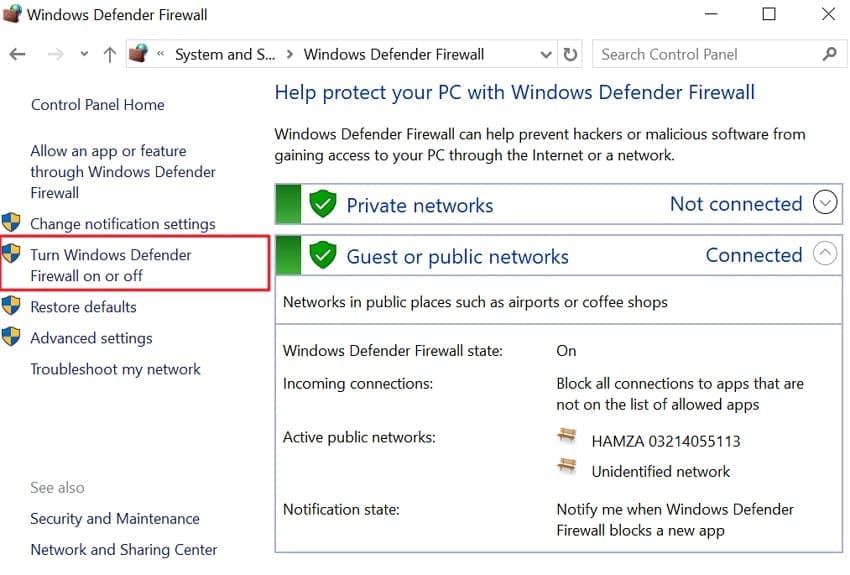 turn off windows defender firewall