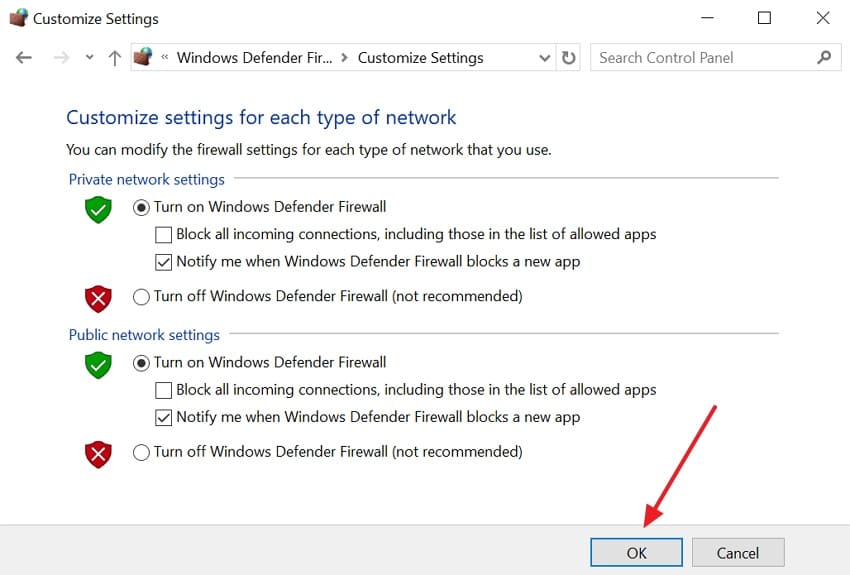 click ok to disable firewall