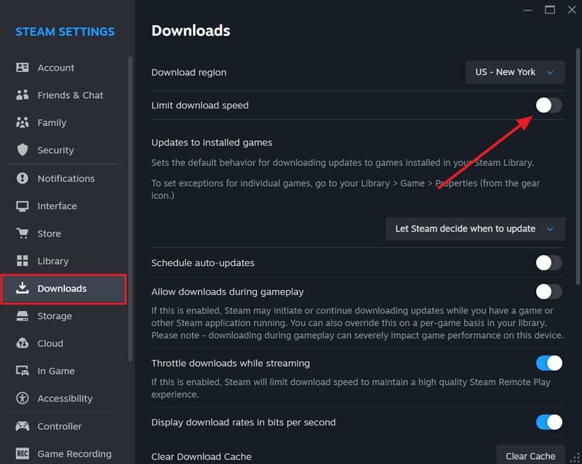 reset steam bandwidth limit