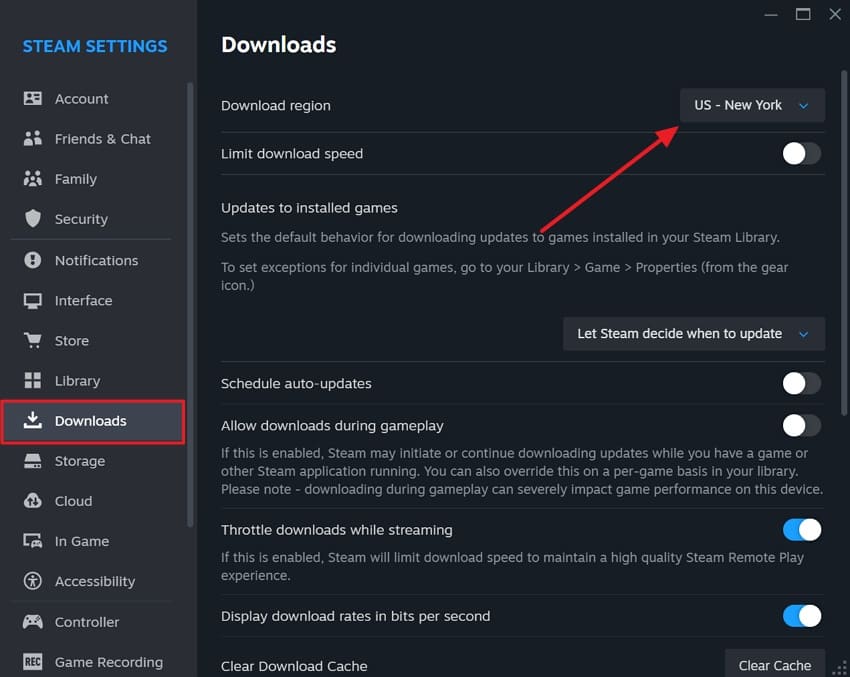 change steam download region