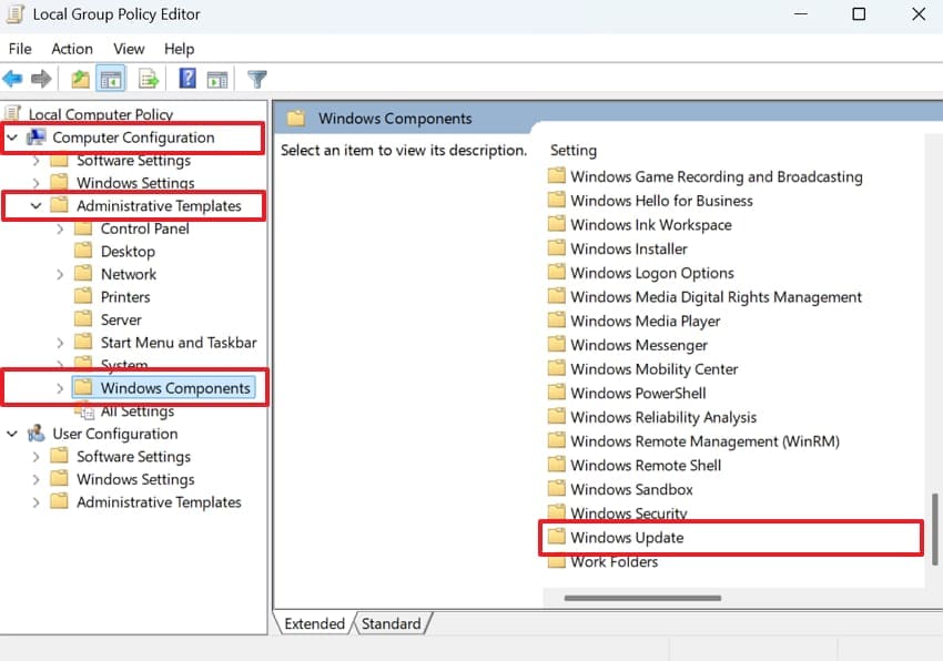 open windows update in computer configuration