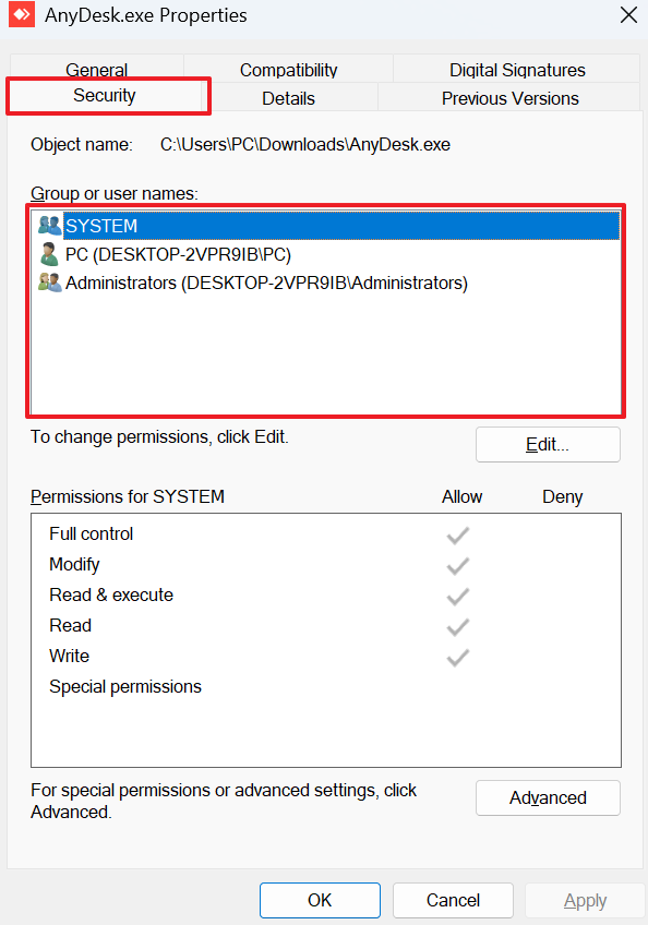 view file permissions