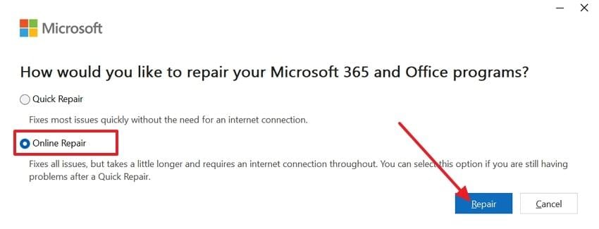 repair after online repair selection
