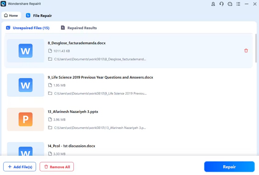add files and click repair