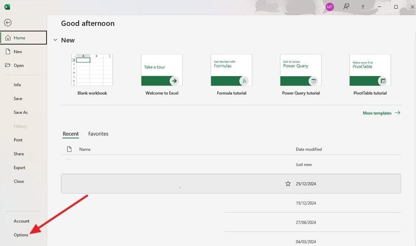 choose option tab in workbook