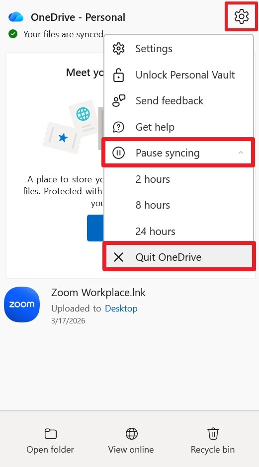 choose settings and quit onedrive