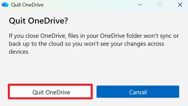 tap on quit onedrive button
