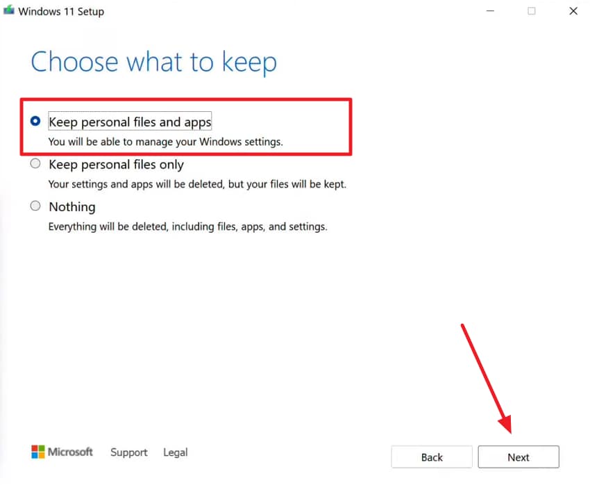 select keep personal files and apps