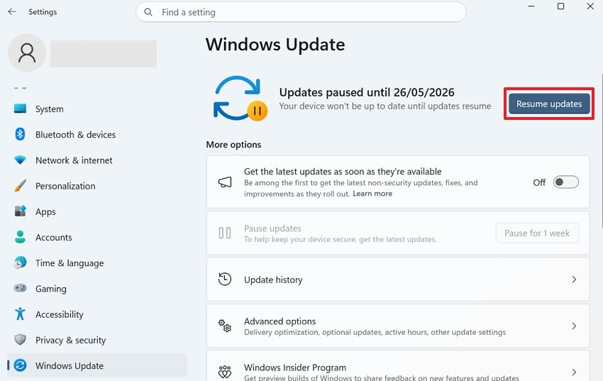 select windows resume updates