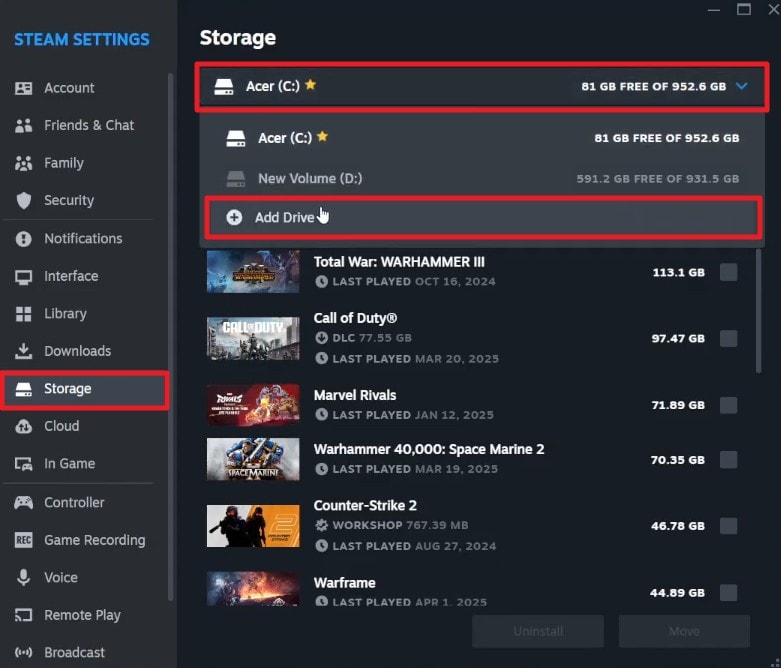 open the steam storage