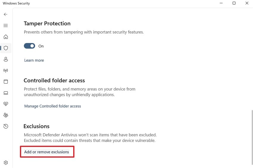 click add or remove exclusion