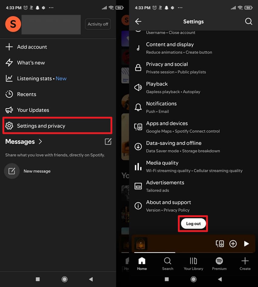 log out and in on android