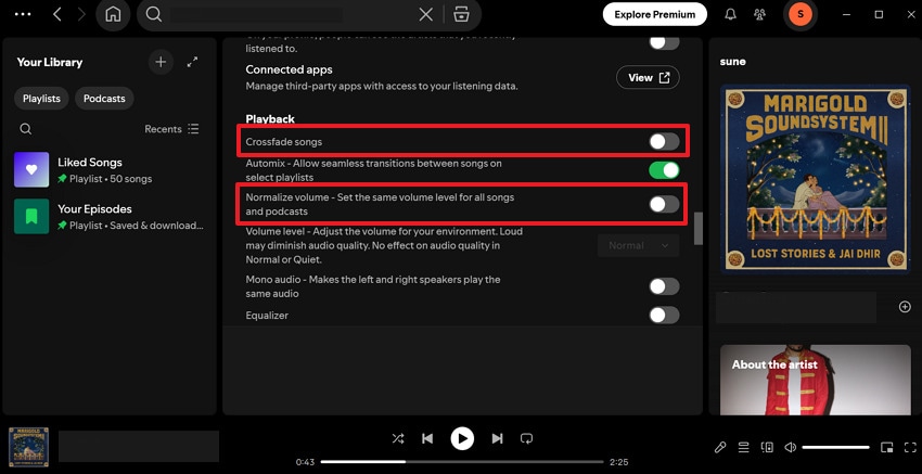 turn off crossfade and normalization settings
