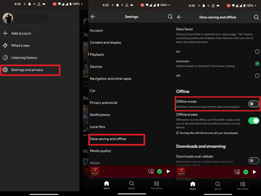 disable offline mode on android