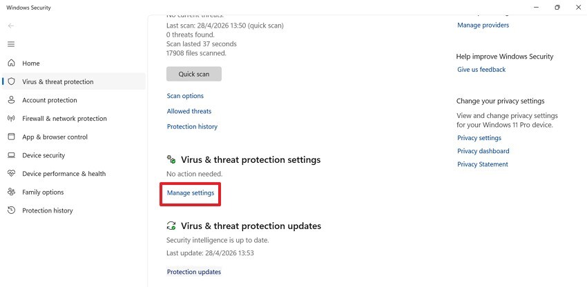 manage virus protection settings
