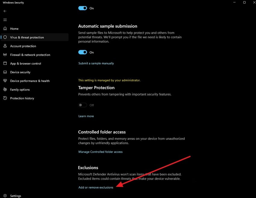 open antivirus exclusions settings