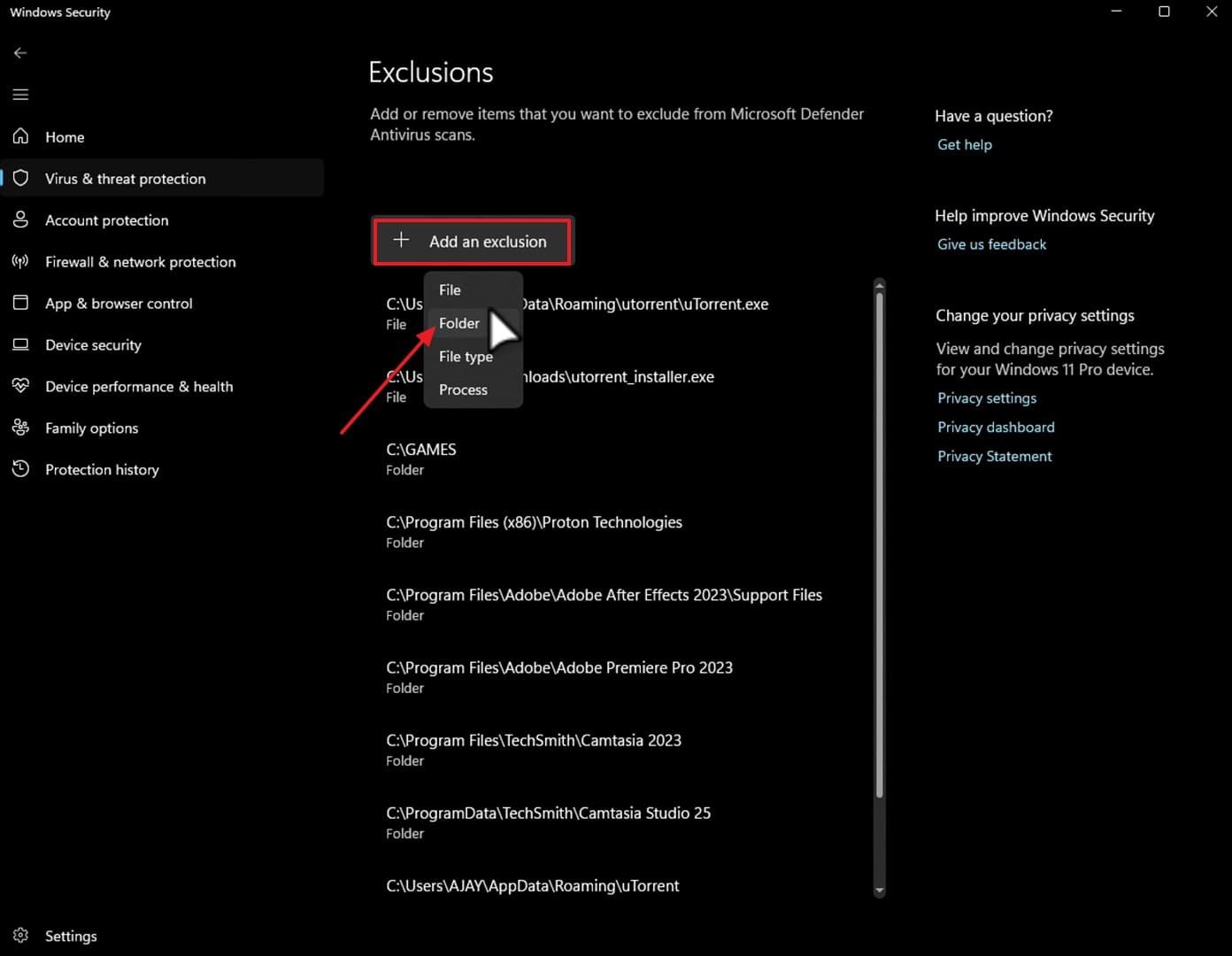 add game folder exclusion