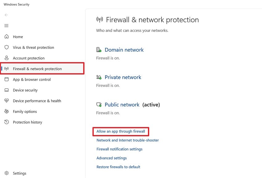 open firewall network settings