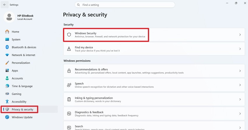 access windows security settings