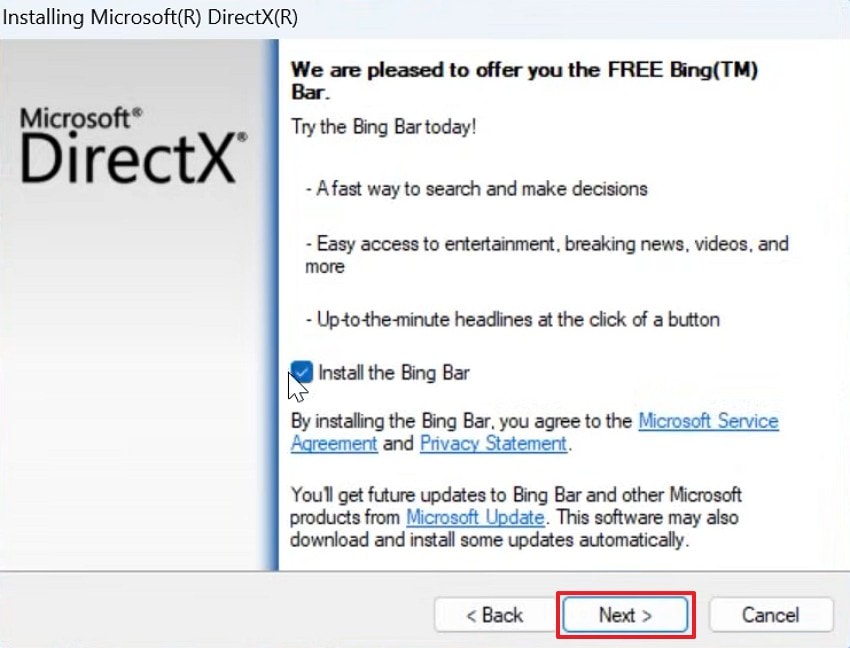 uncheck bing bar directx