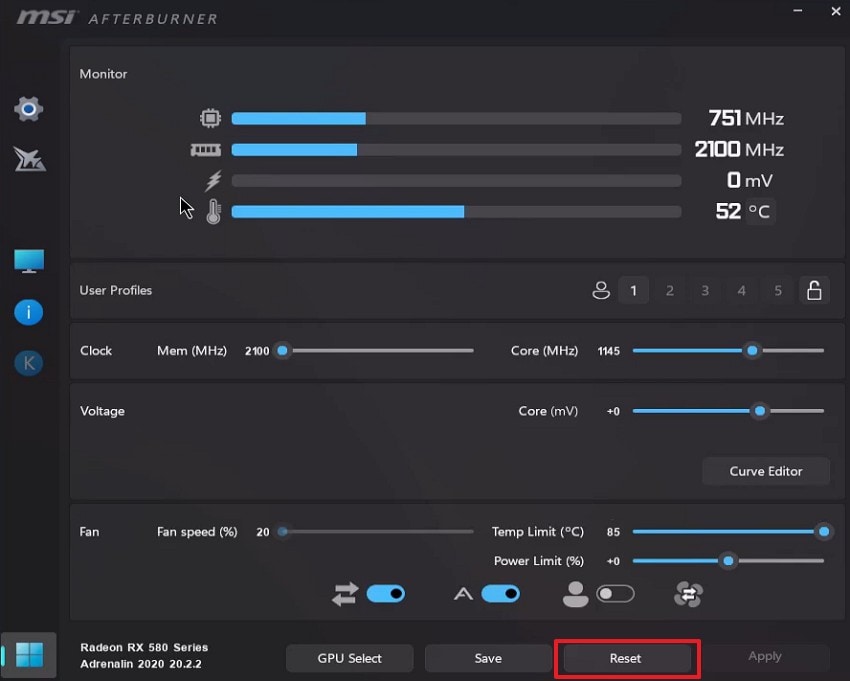 reset msi afterburner settings