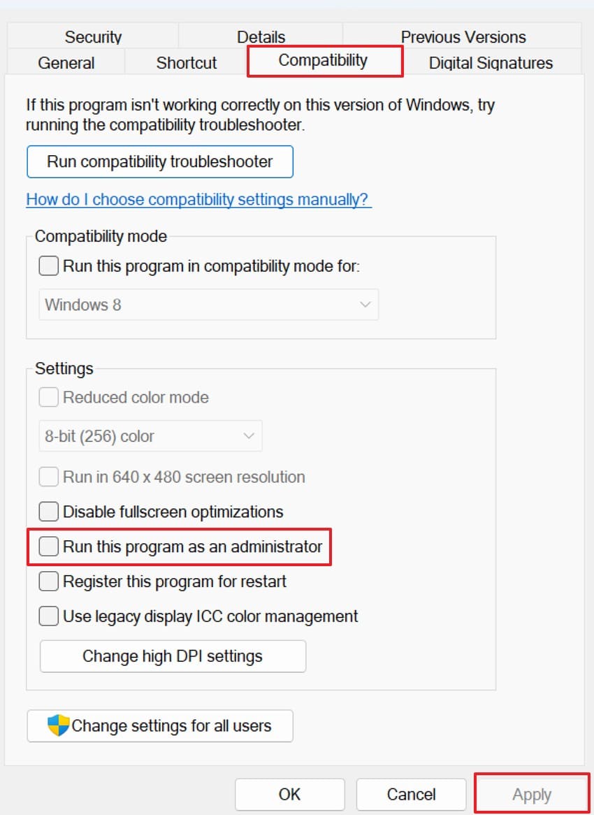 enable administrator launch setting