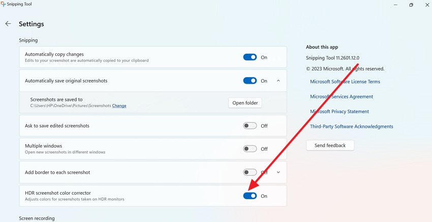 adjust hdr settings on snipping tool