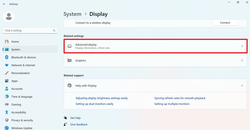 choose advanced display option