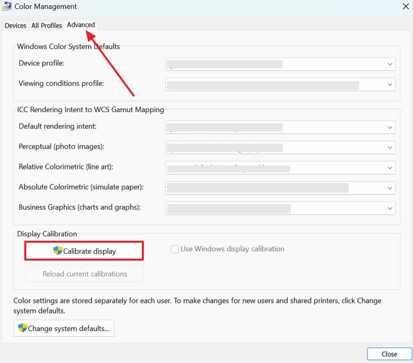access calibrate display option