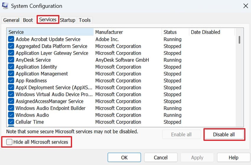 hide all microsoft services
