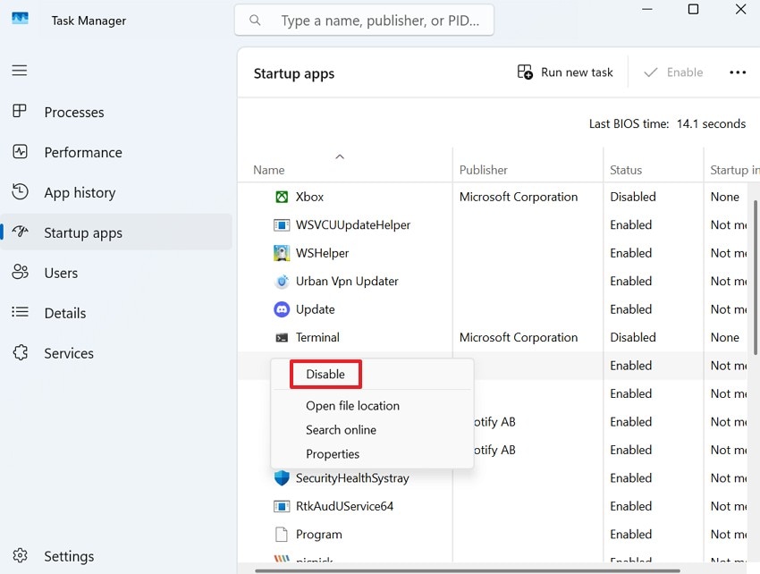 disable startup apps