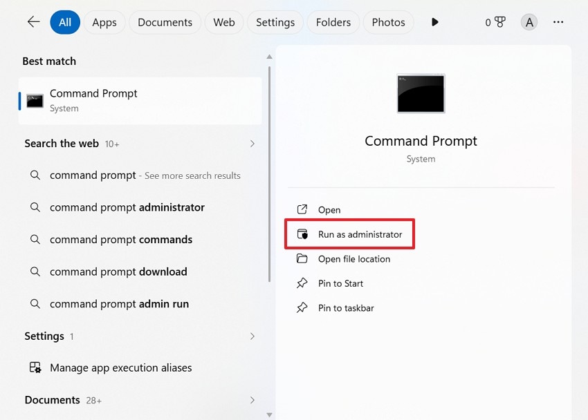launch command prompt as admin