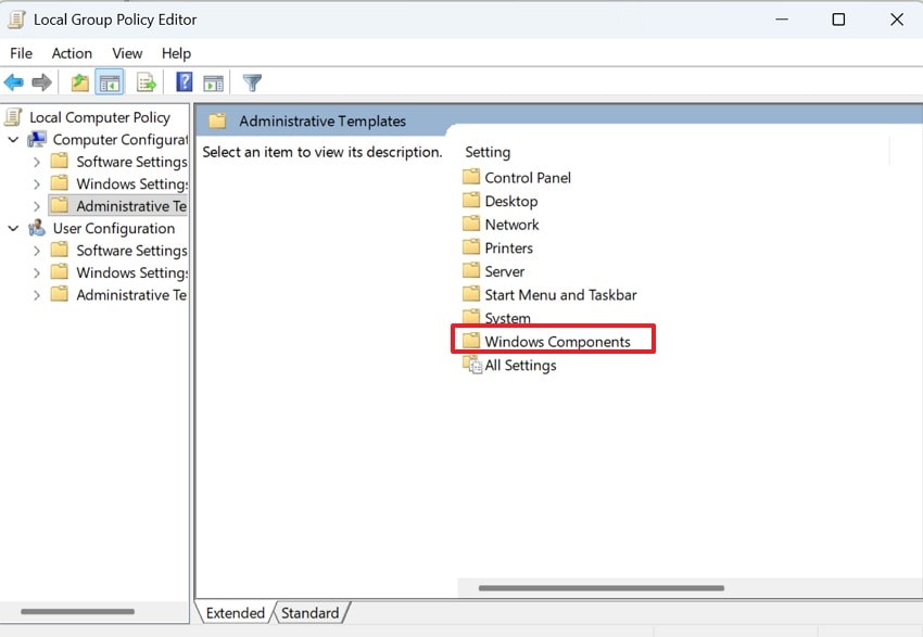 select the windows components