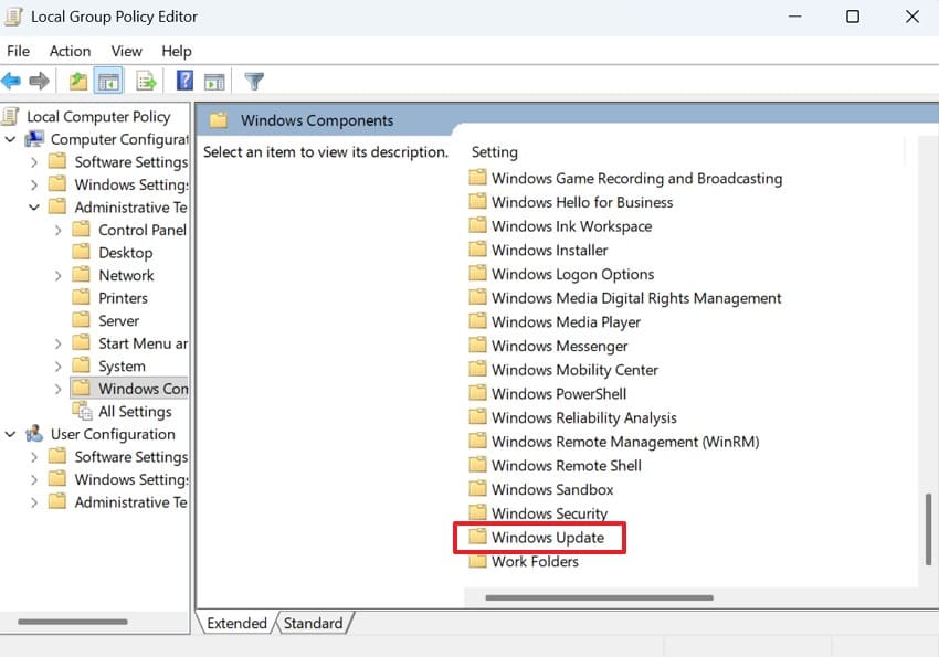 choose windows update from the list