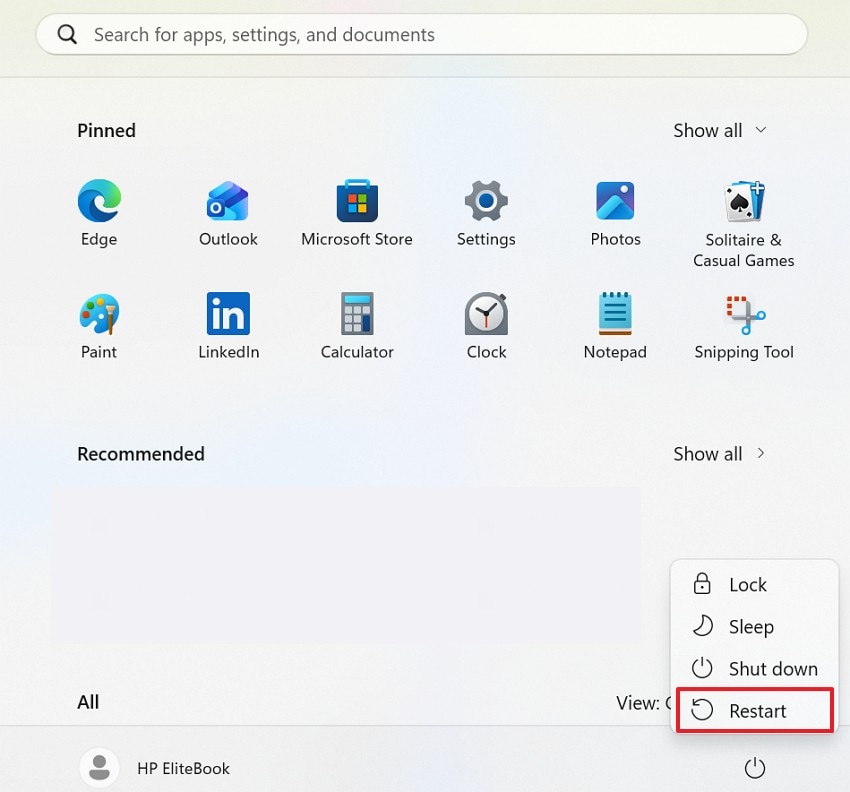 restart windows from start menu
