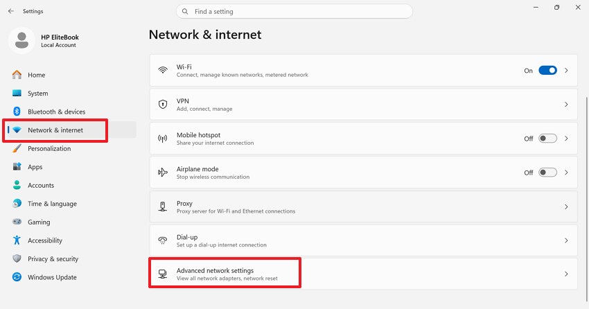 open advanced network settings