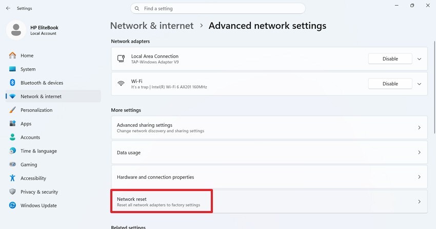 select network reset option
