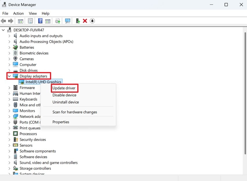 expand display adapters update driver