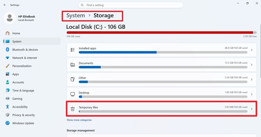 access storage temporary files