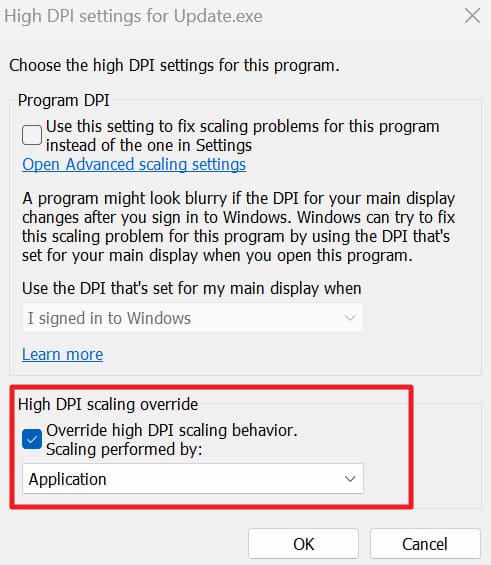 check override high dpi scaling