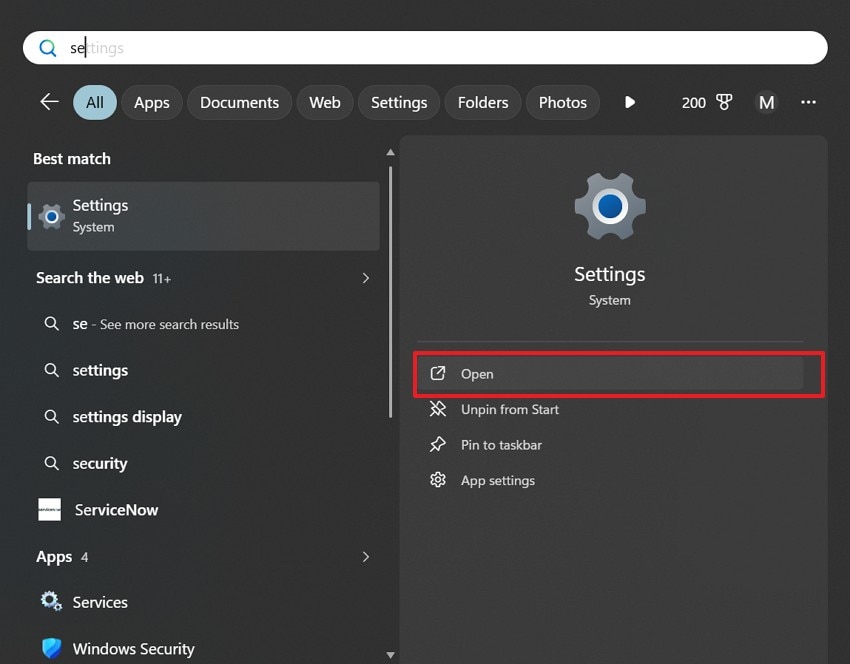 open windows settings