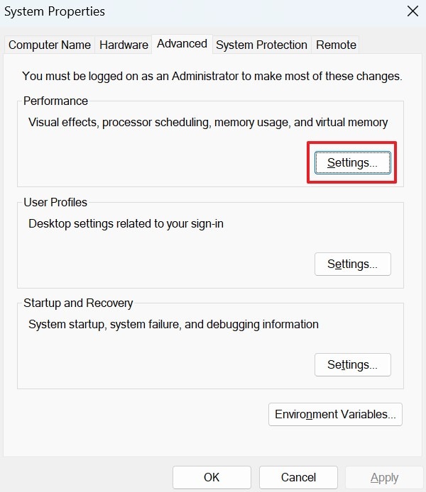 open settings of performance