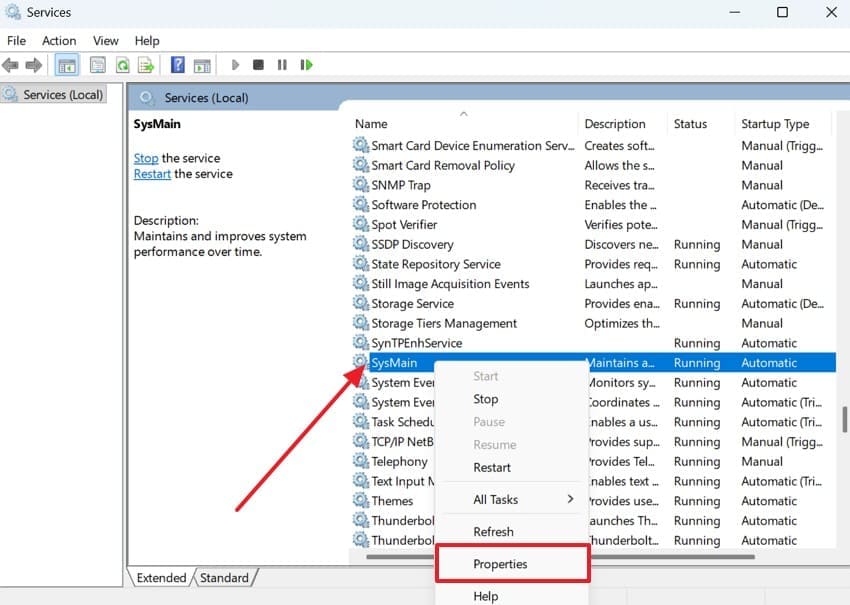 access sysmain properties