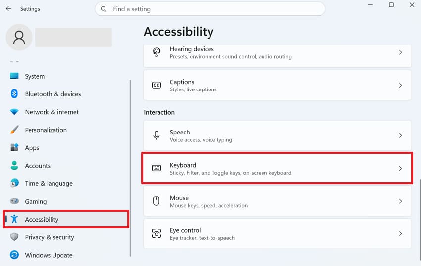 access keyboard settings