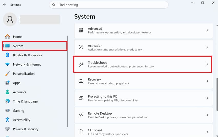 open troubleshoot settings